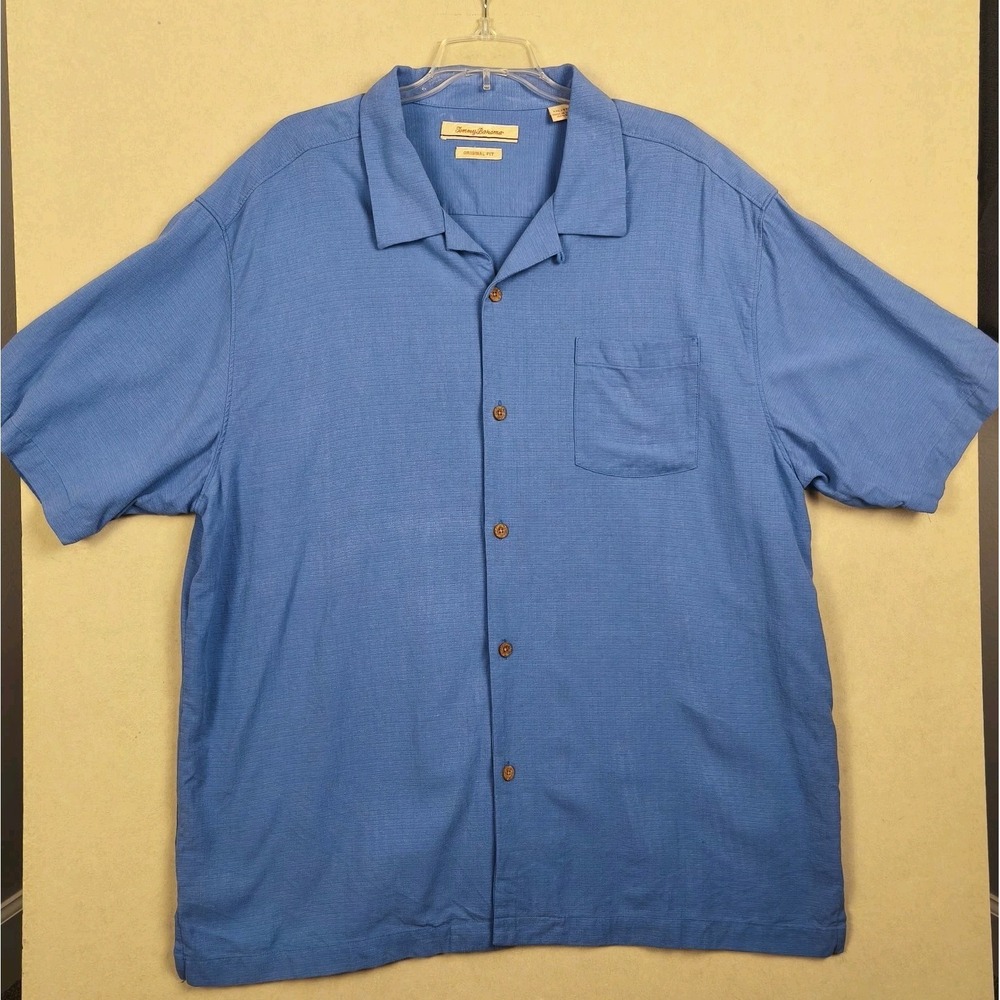 Tommy Bahama 100% Silk Camp Shirt Men 2XL Blue Original Fit Tropical